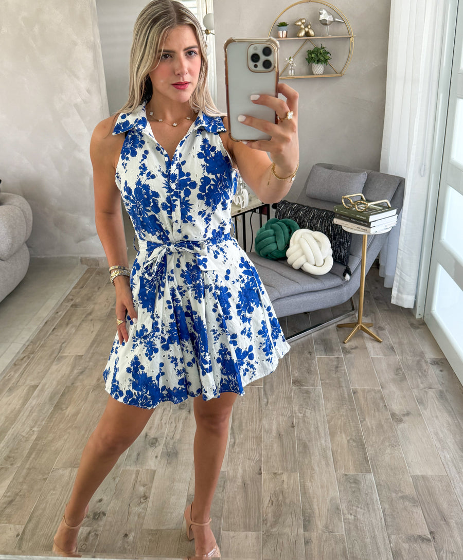 BLUE PRINTED EYELET SLEEVELESS SHORT DRESS