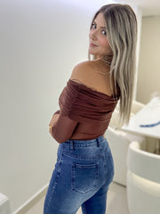 BROWN OFF SHOULDER LONG SLEEVE MESH BODYSUIT