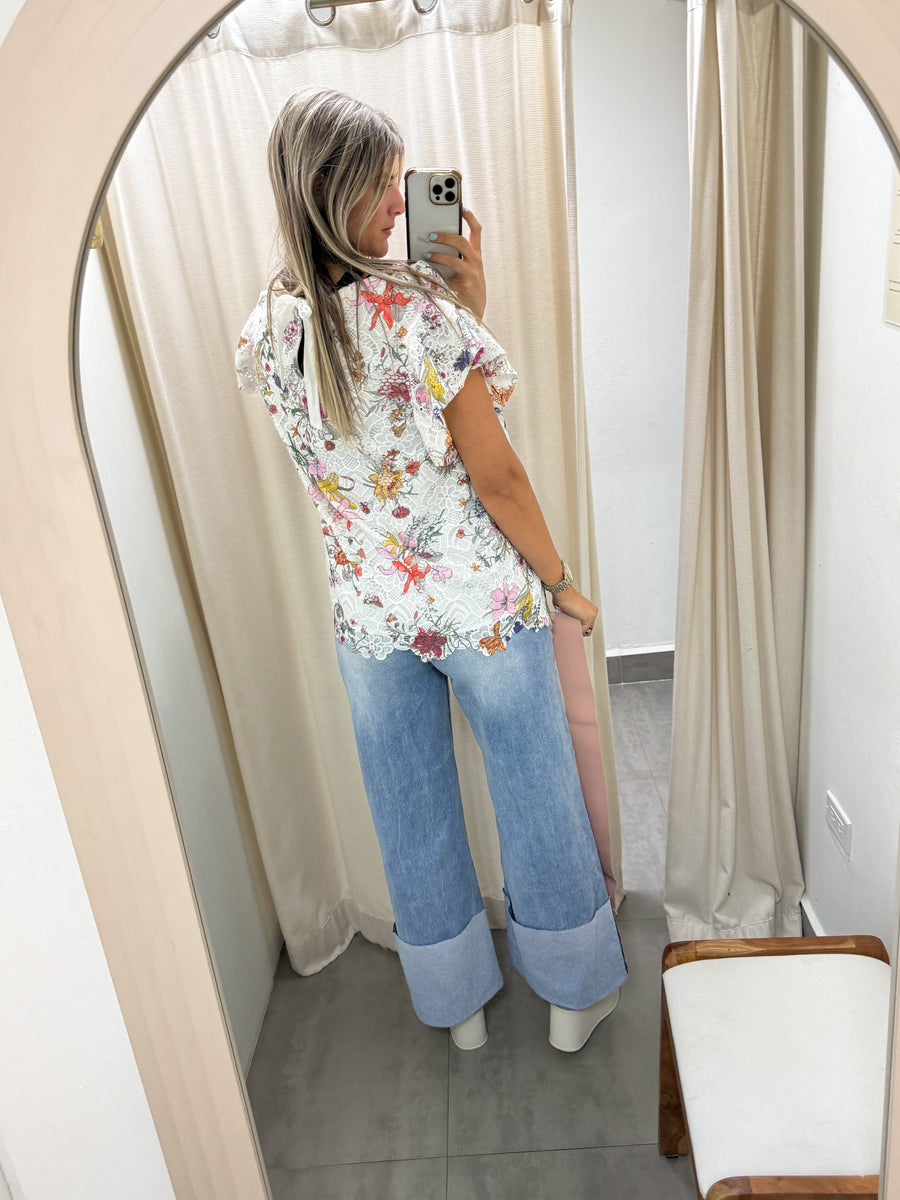 FLOWER PRINTED LACE BLOUSE