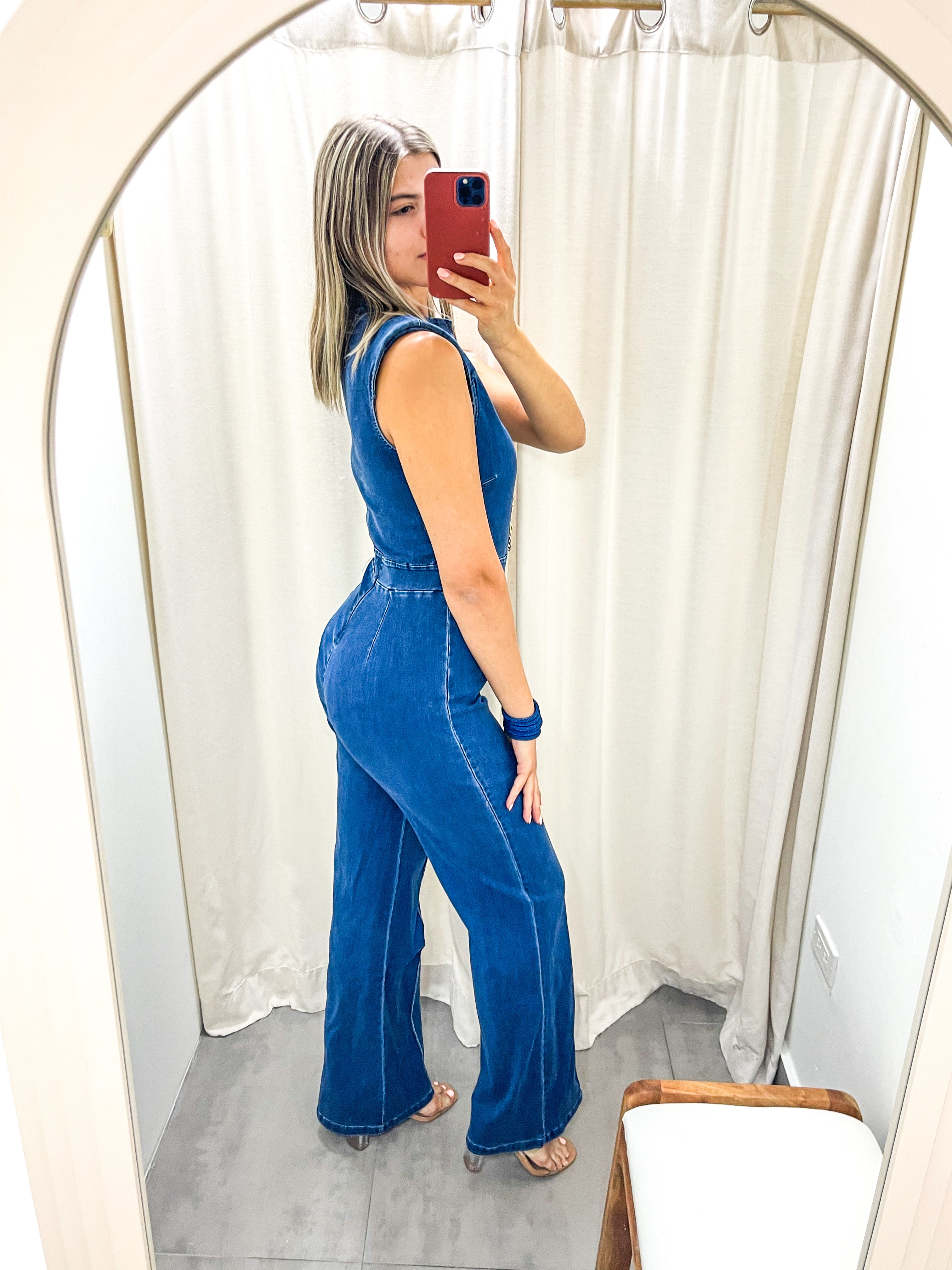 DENIM BLUE CHAINS STRETCHY GLAM JUMPSUIT