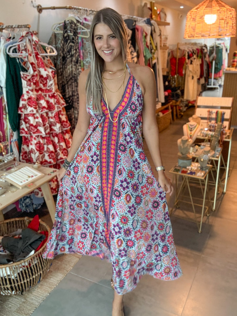 MULTICOLOR FLORAL HALTER MAXI DRESS