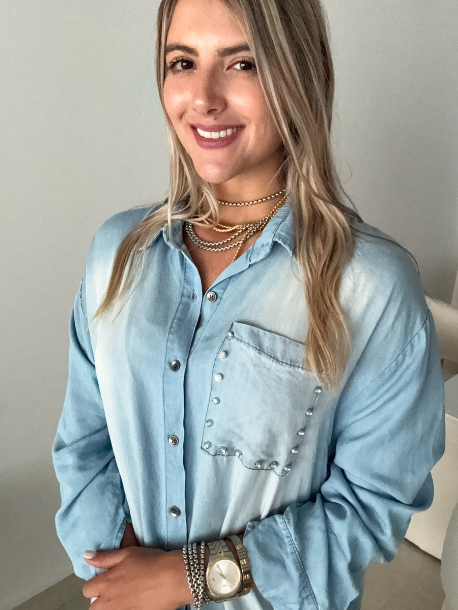 LIGHT DENIM TENCEL STUDDED DRESS
