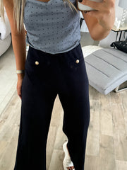 NAVY GOLD BUTTON DETAIL STRAIGHT-LEG PANTS