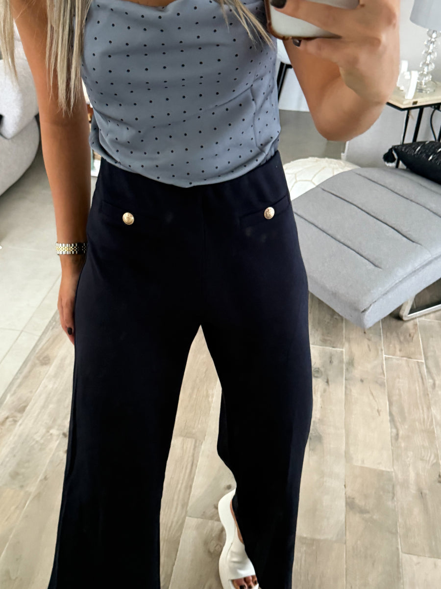 NAVY GOLD BUTTON DETAIL STRAIGHT-LEG PANTS