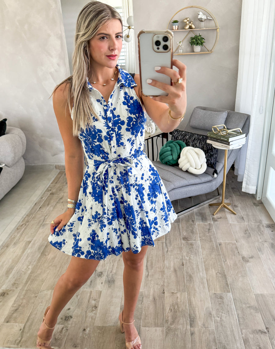 BLUE PRINTED EYELET SLEEVELESS SHORT DRESS
