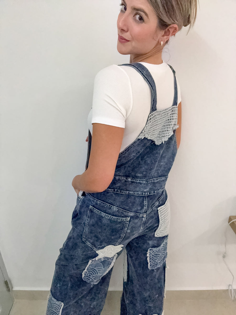 STRETCHY DENIM PATCHORK OVERALL JUMPSUIT