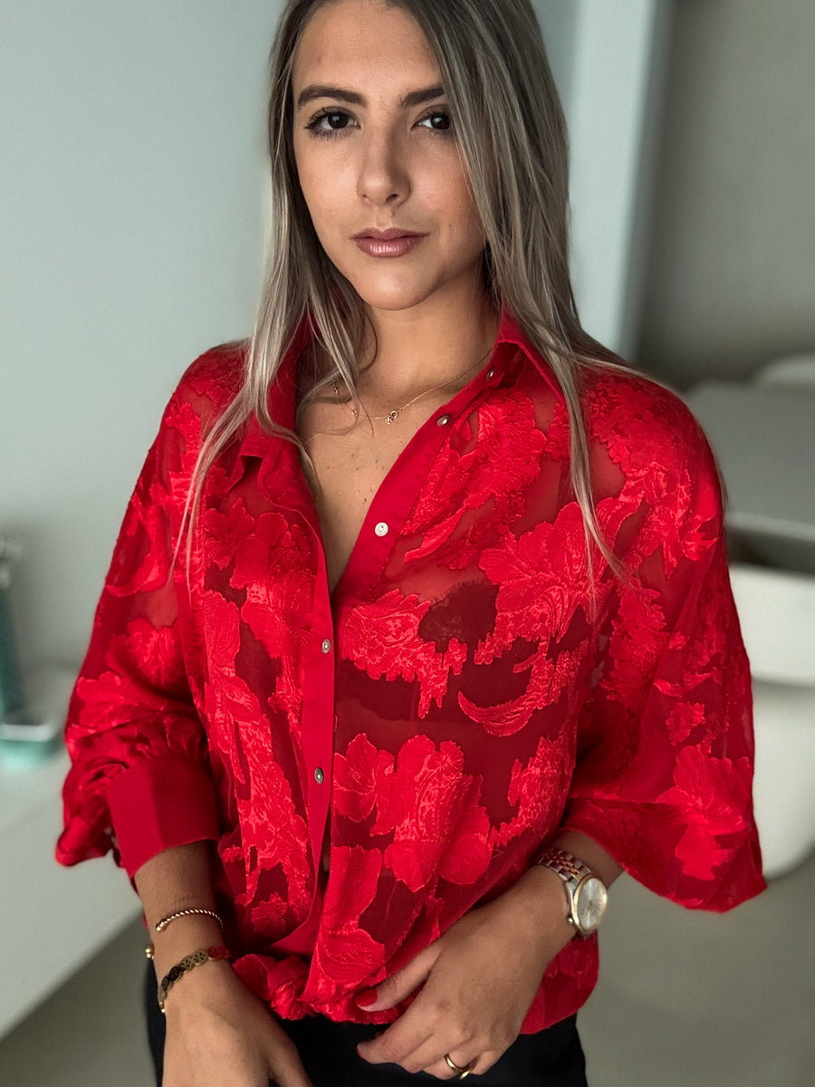 RED SATIN EMBROIDED DETAIL BLOUSE