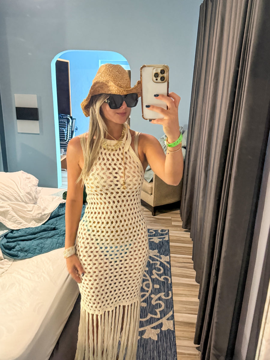 HALTER CROCHET FRINGE COVER UP DRESS