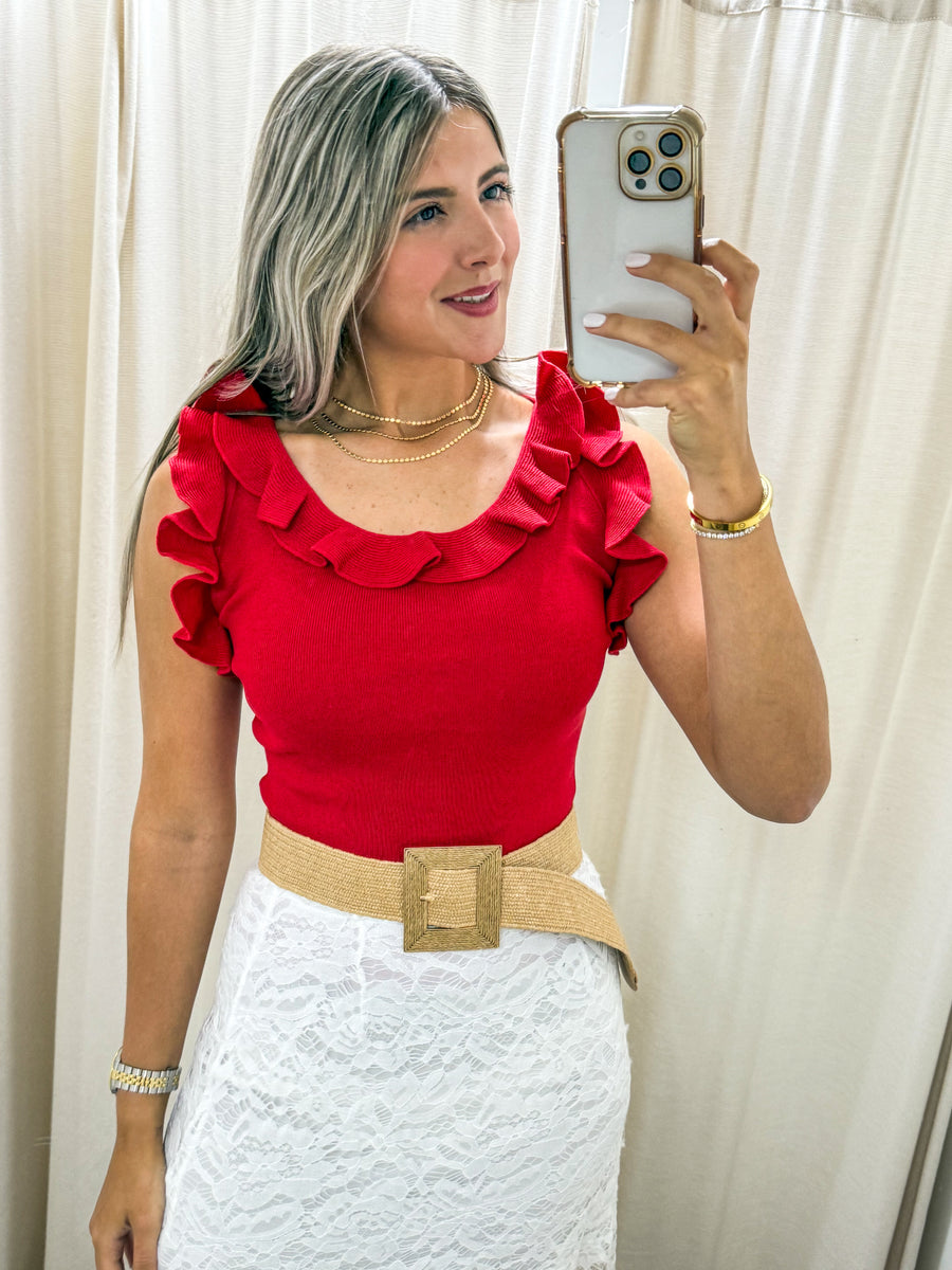 RUFFLE RIBBED KNIT SLEEVELESS BLOUSE