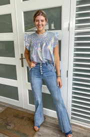 MEDIUM DENIM HIGH RISE FLARE JEANS