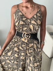 GOLD/BLACK LEAF MAXI DRESS