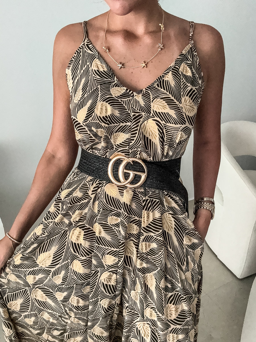 GOLD/BLACK LEAF MAXI DRESS