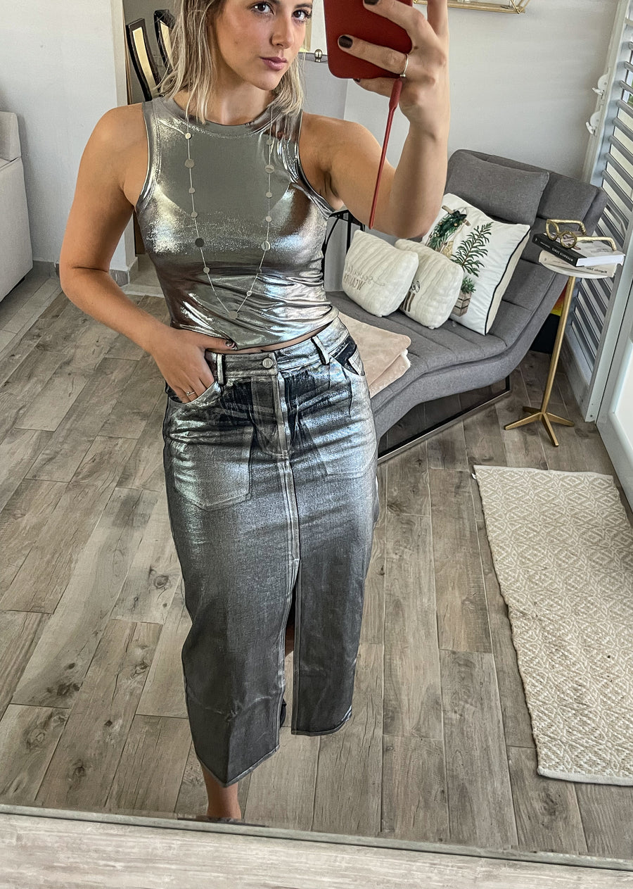 BLACK METALLIC MIDI SKIRT