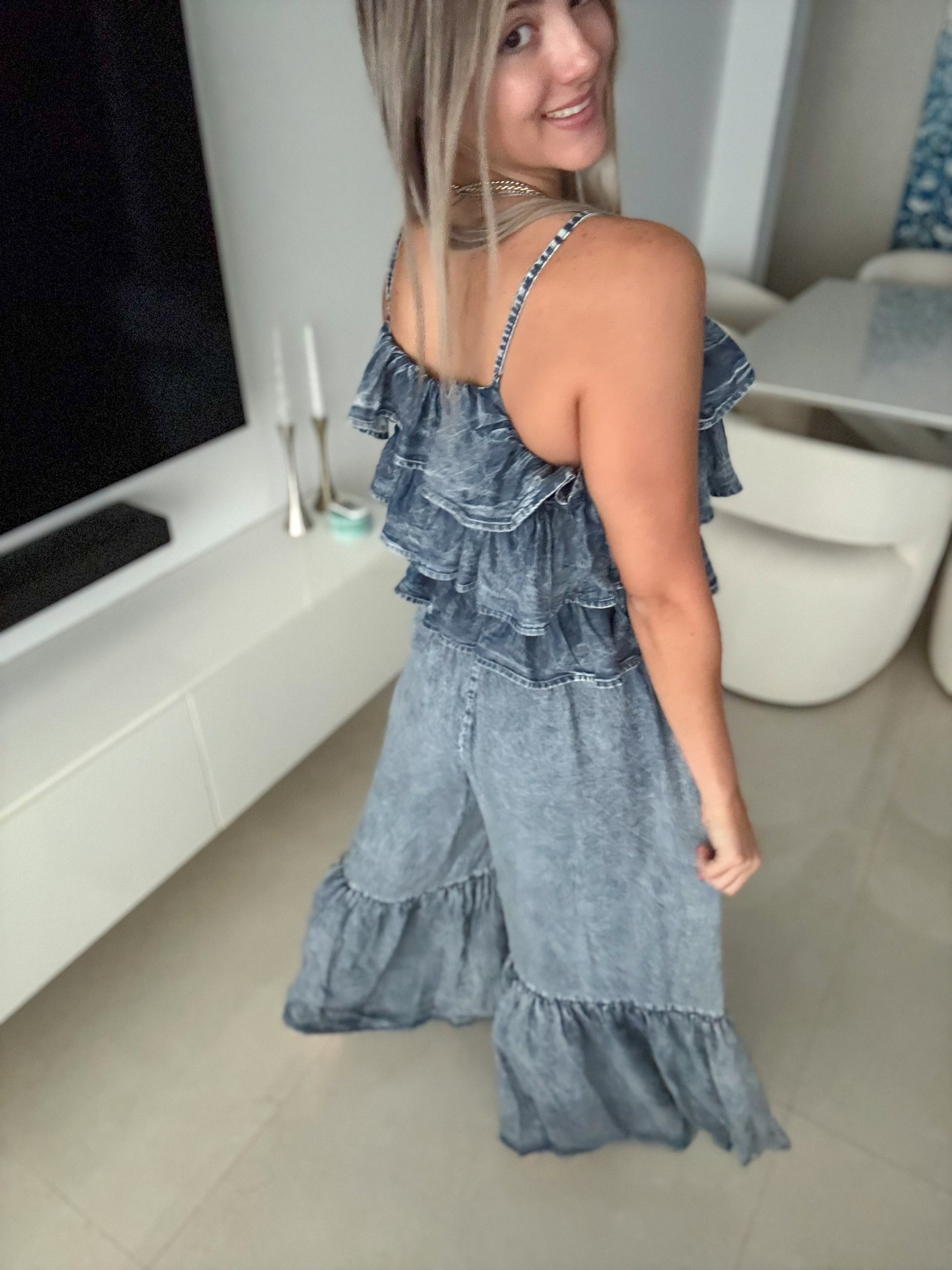 DENIM TENCEL RUFFLE JUMPSUIT