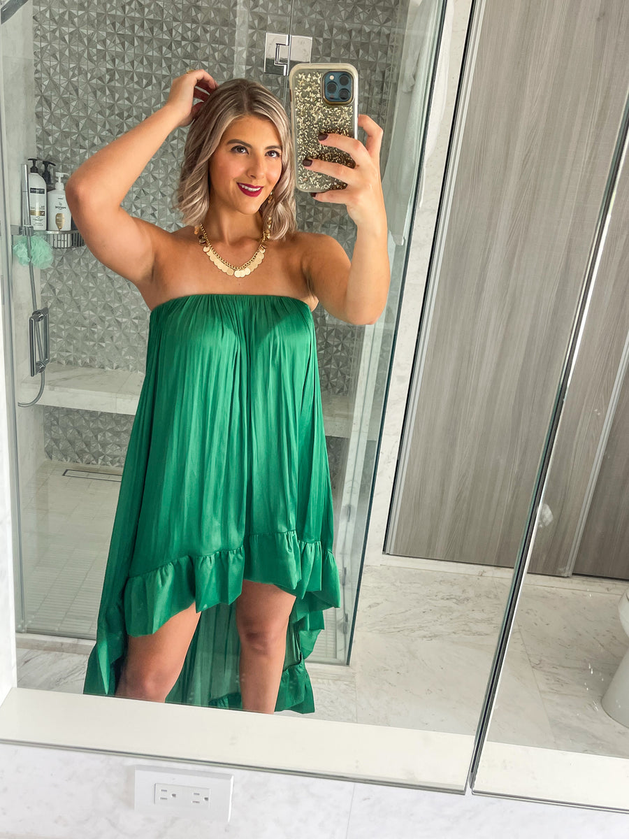 KELLY GREEN SATIN STRAPLESS HIGH LOW DRESS