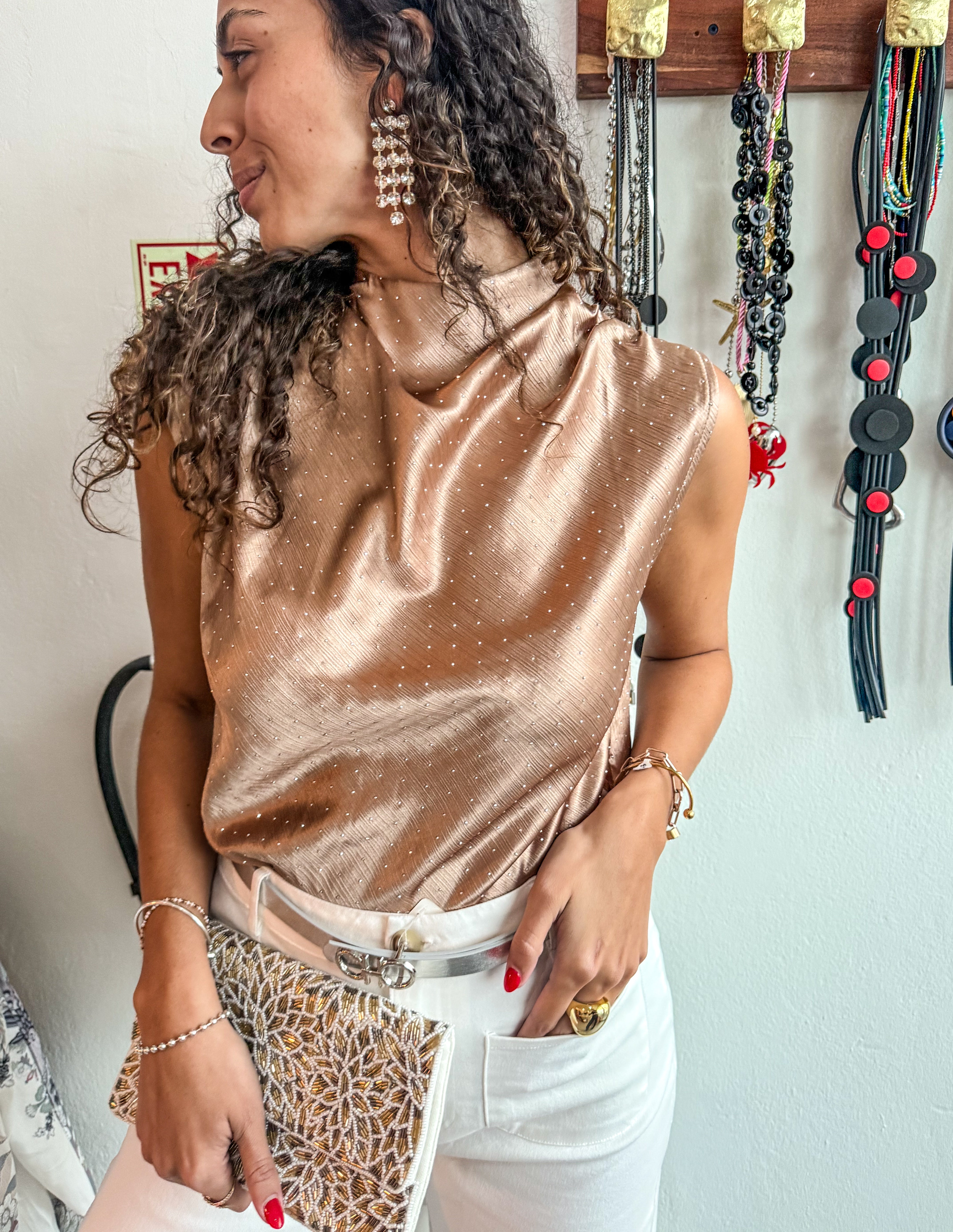 MOCHA RHINESTONES SLEEVELESS BLOUSE