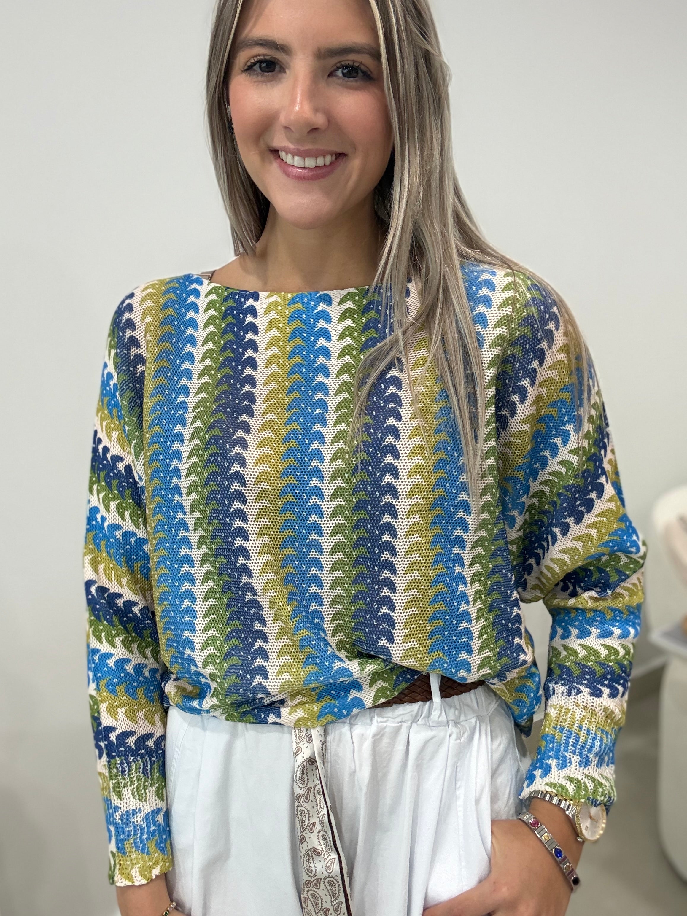 BLUE/GREEN PRINTED KNITTED BLOUSE