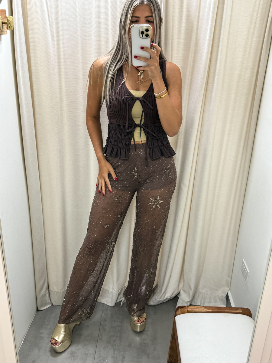 BROWN RUFFLED KNITTED TOP