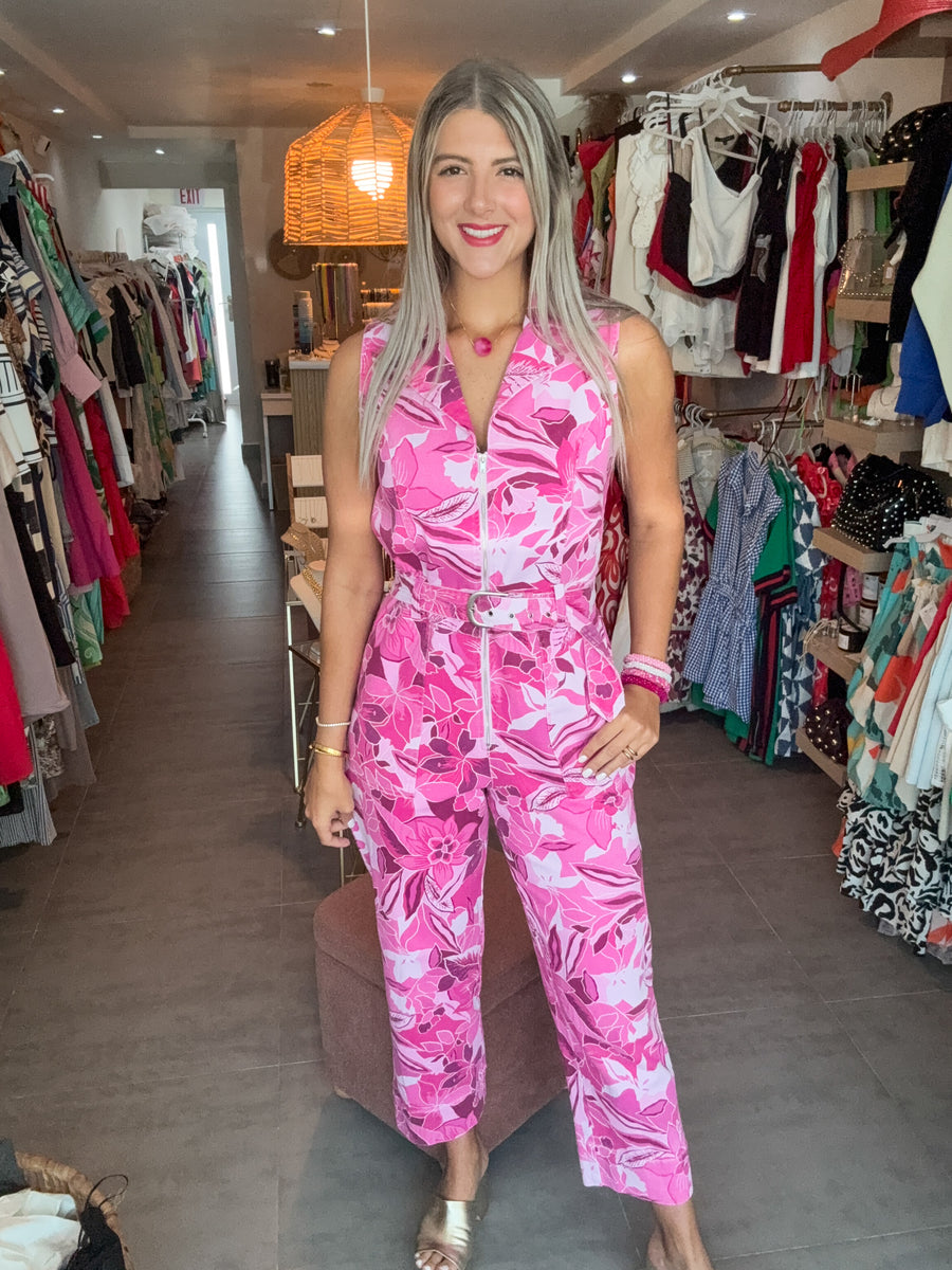 MAGENTA TROPICAL STRETCH JUMPSUIT