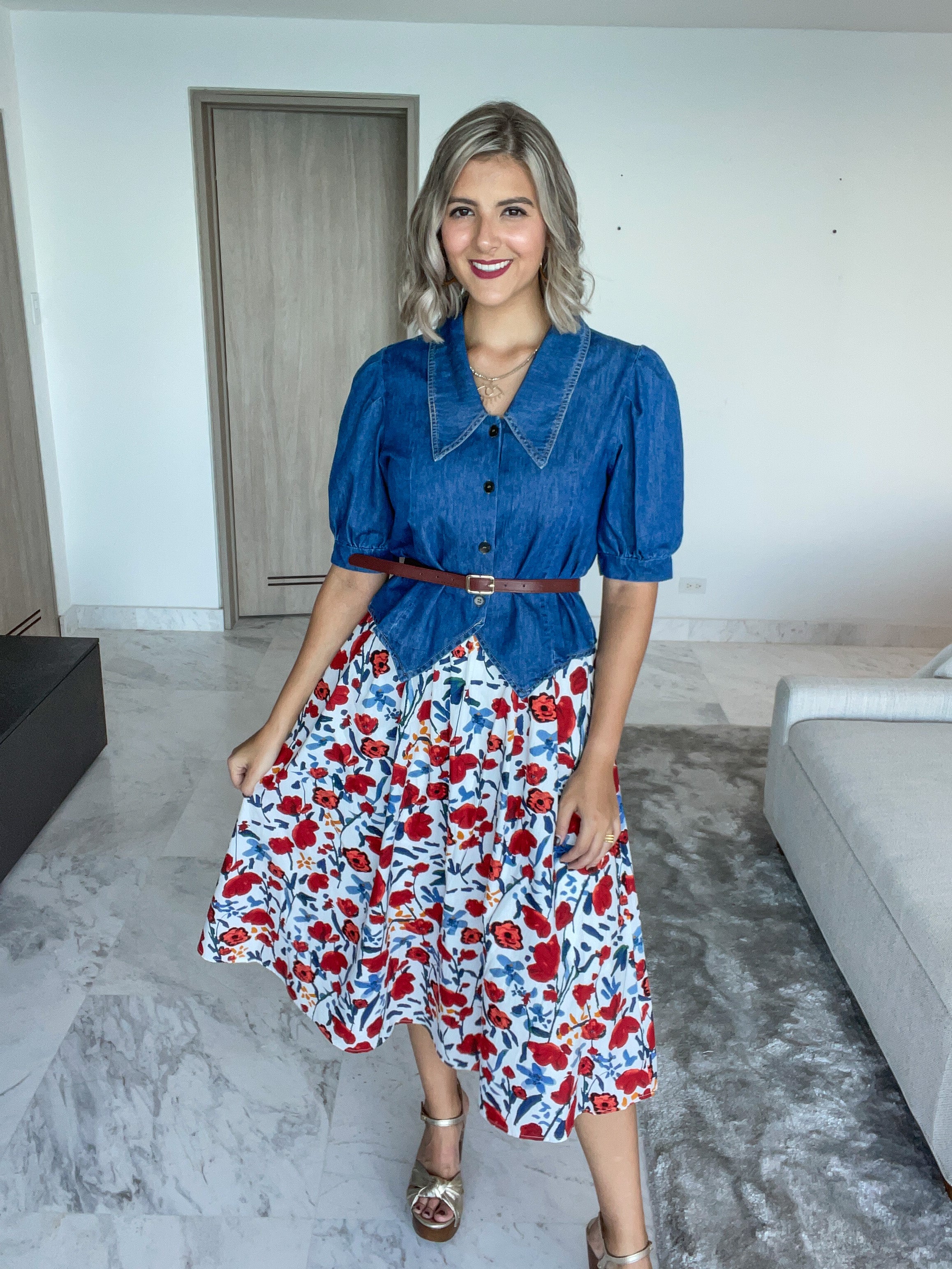 DENIM TOP WITH FLORAL SKIRT & CAMEL BELT SET