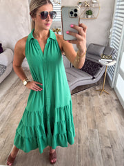 GREEN HALTER SLEEVELESS MIDI DRESS