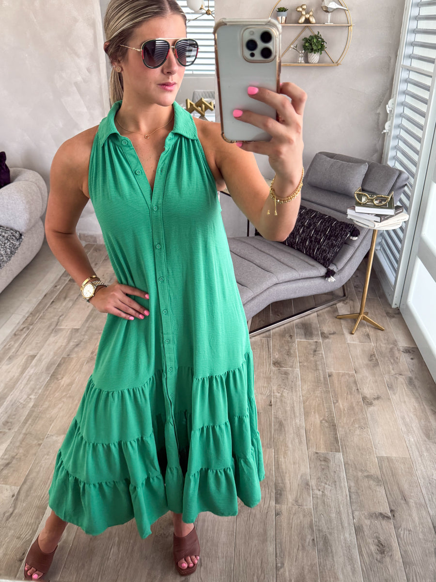 GREEN HALTER SLEEVELESS MIDI DRESS