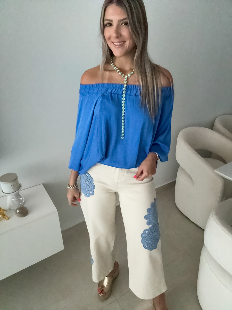 CREAM/BLUE CROCHET DETAIL PANTS
