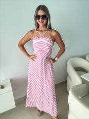 PINK STRIPED EMBROIDERED DETAIL MAXI DRESS