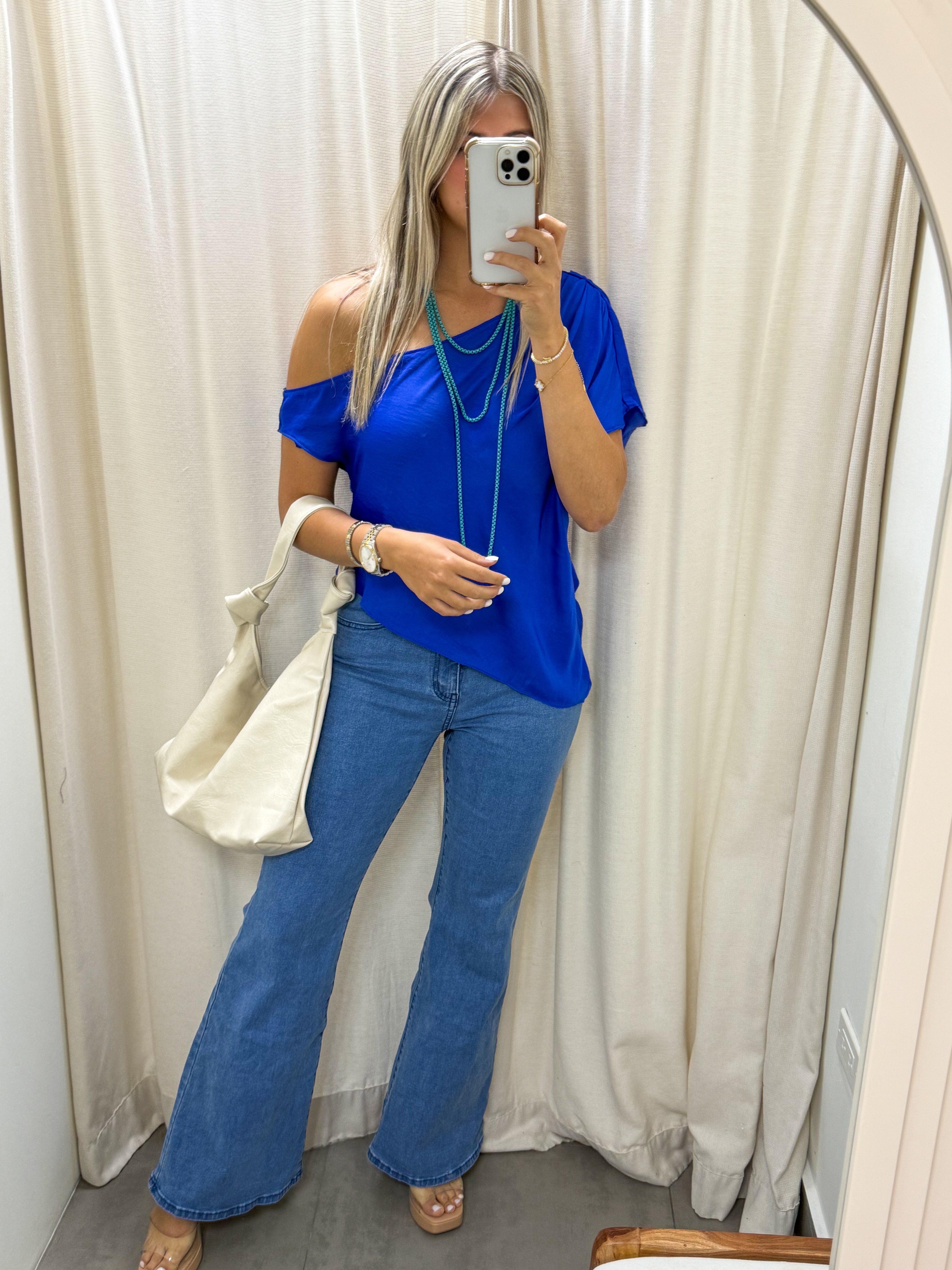 ROYAL BLUE OFF SHOULDER SATIN BLOUSE