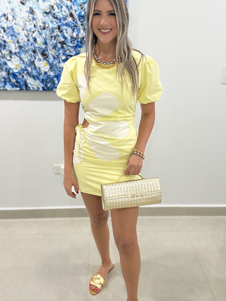 YELLOW FLOWER SIDE CUTOUT SHORT DRESS