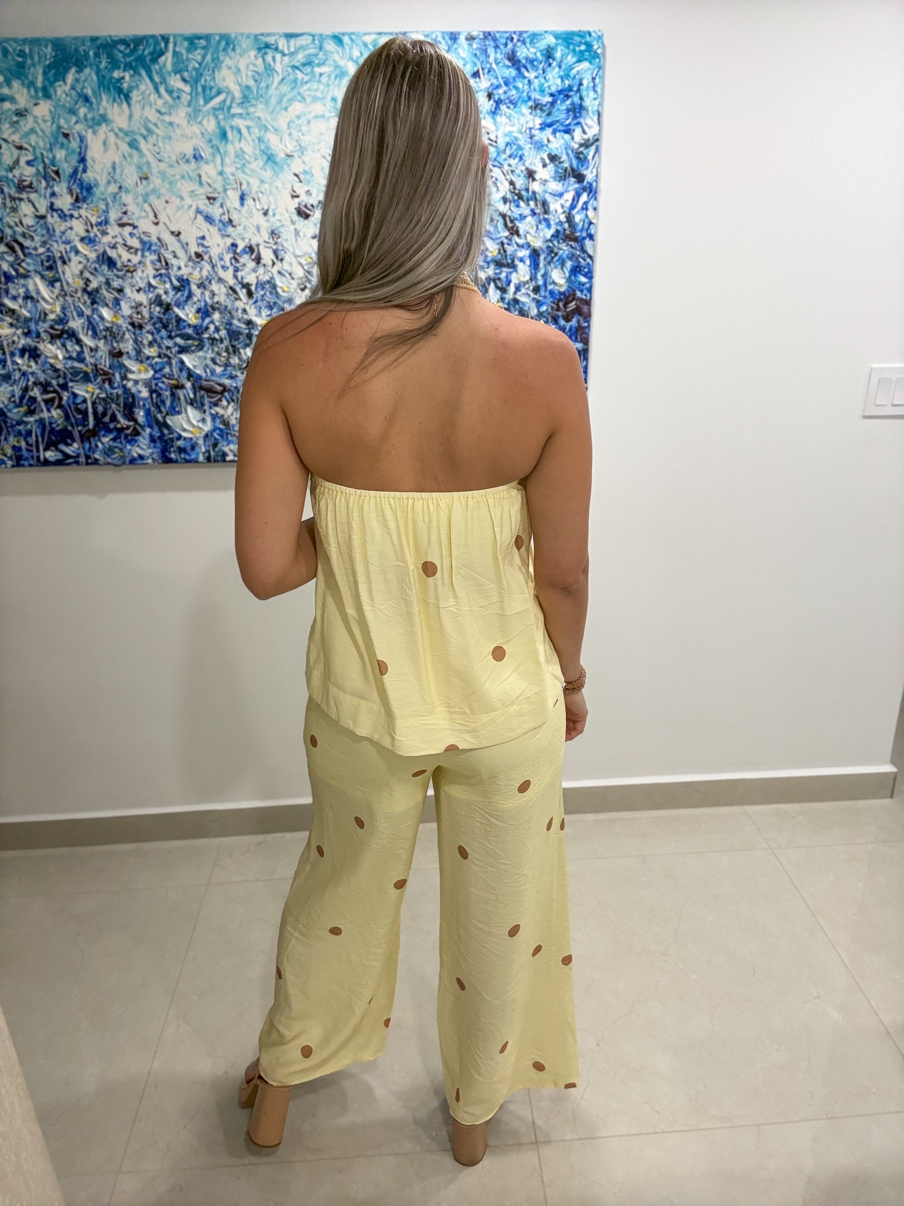 YELLOW POLKA DOT STRAPLESS TOP & PANT SET