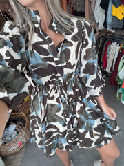BLUE/BROWN PRINTED SHORT DRESS