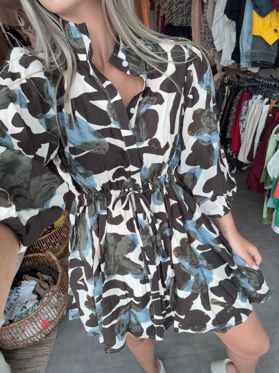 BLUE/BROWN PRINTED SHORT DRESS