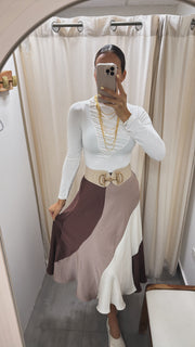 SILKY MOCHA PRINT MIDI SKIRT