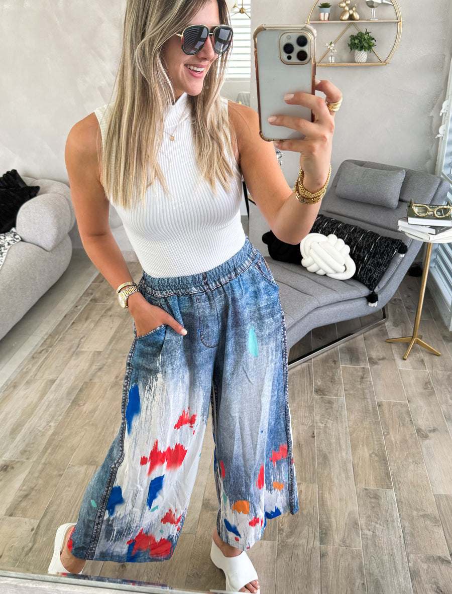 PAINT BRUSH DENIM ILLUSION PALAZZOS