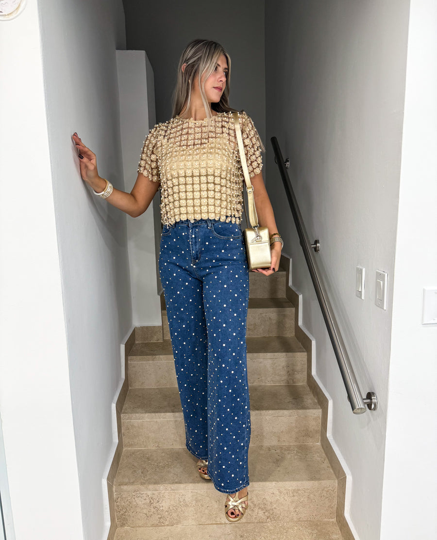 PEARL/RHINESTONES STRETCHY LONG JEANS
