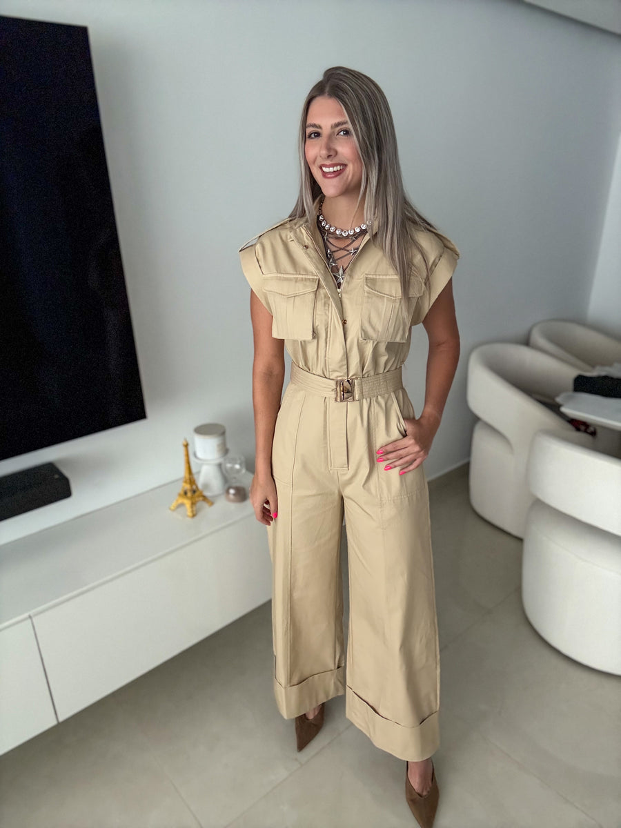 KHAKI BELTED JUMPSUIT