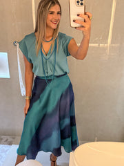 BLUE OMBRE SATIN MIDI SKIRT