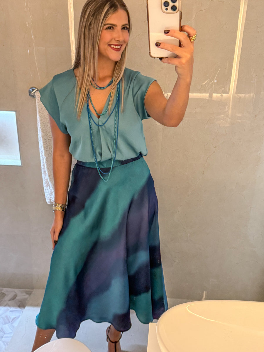 BLUE OMBRE SATIN MIDI SKIRT