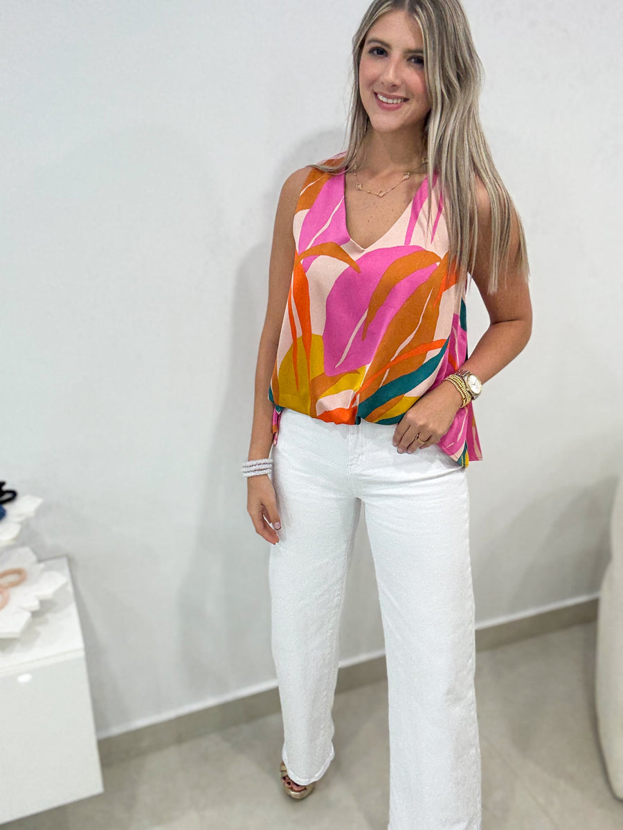 PRINTED V-NECK SILKY HIGH LOW BLOUSE