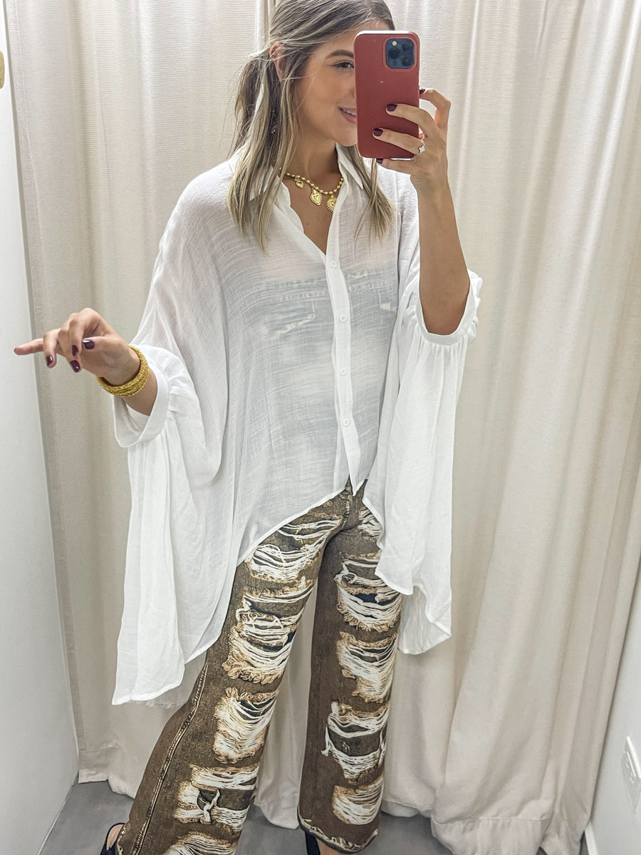 WHITE HIGH LOW SHEER TUNIC BLOUSE