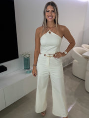 CREAM GOLD CHAIN ACCENT TOP & PANT SET