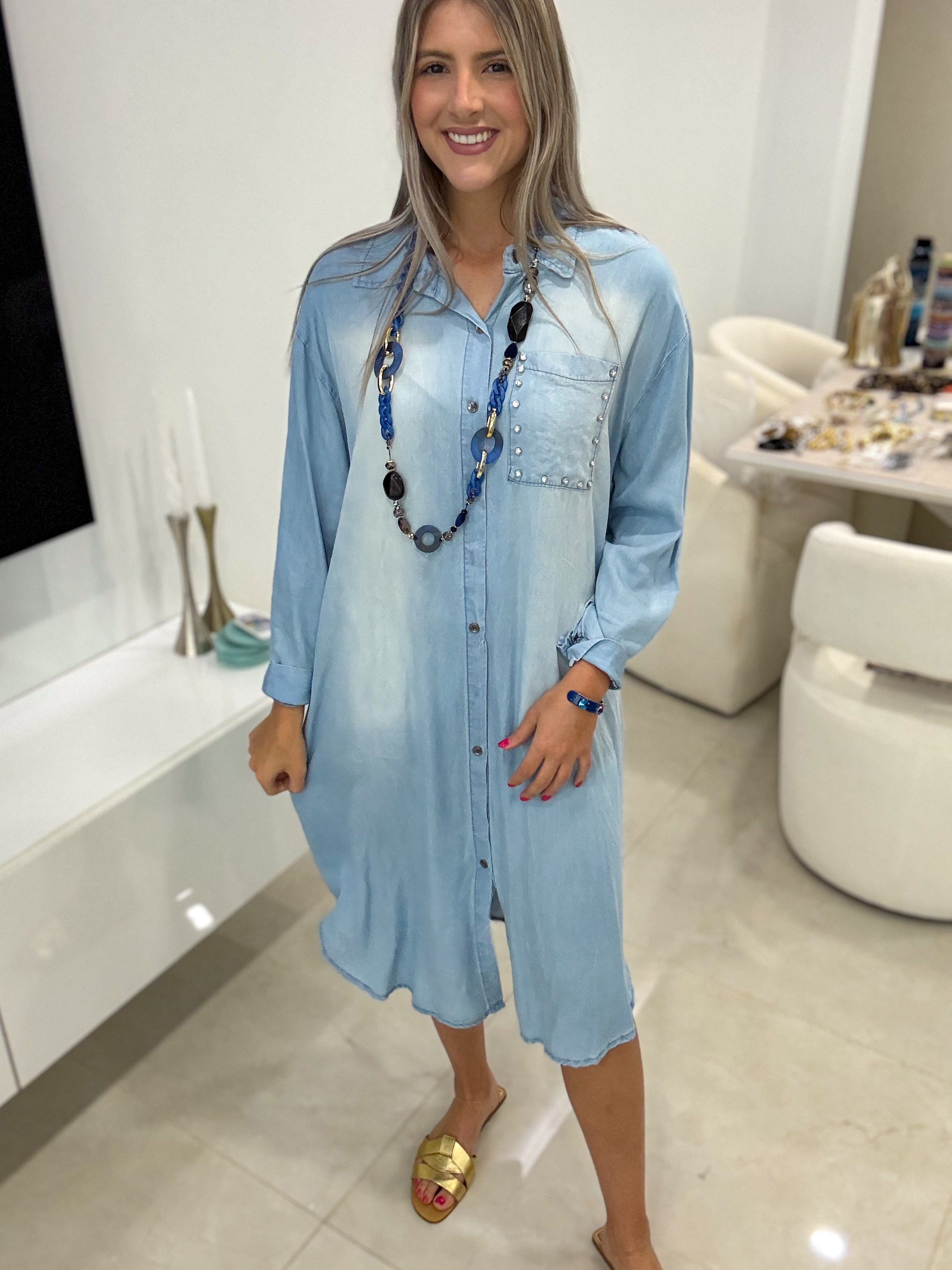 LIGHT DENIM TENCEL STUDDED DRESS