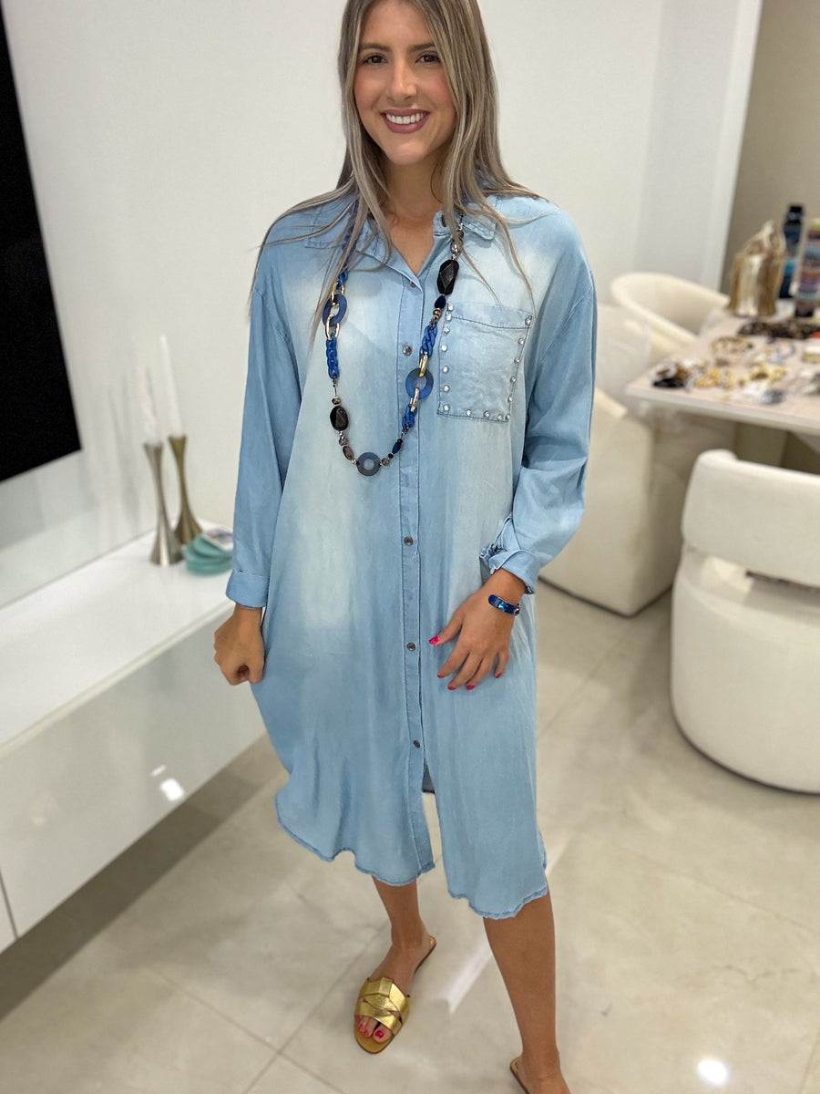 LIGHT DENIM TENCEL STUDDED DRESS