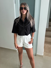 SILVER STUDDED 3/4 BUTTONED CROP BLOUSE