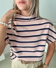 PINK/NAVY STRIPED MOCK NECK BLOUSE