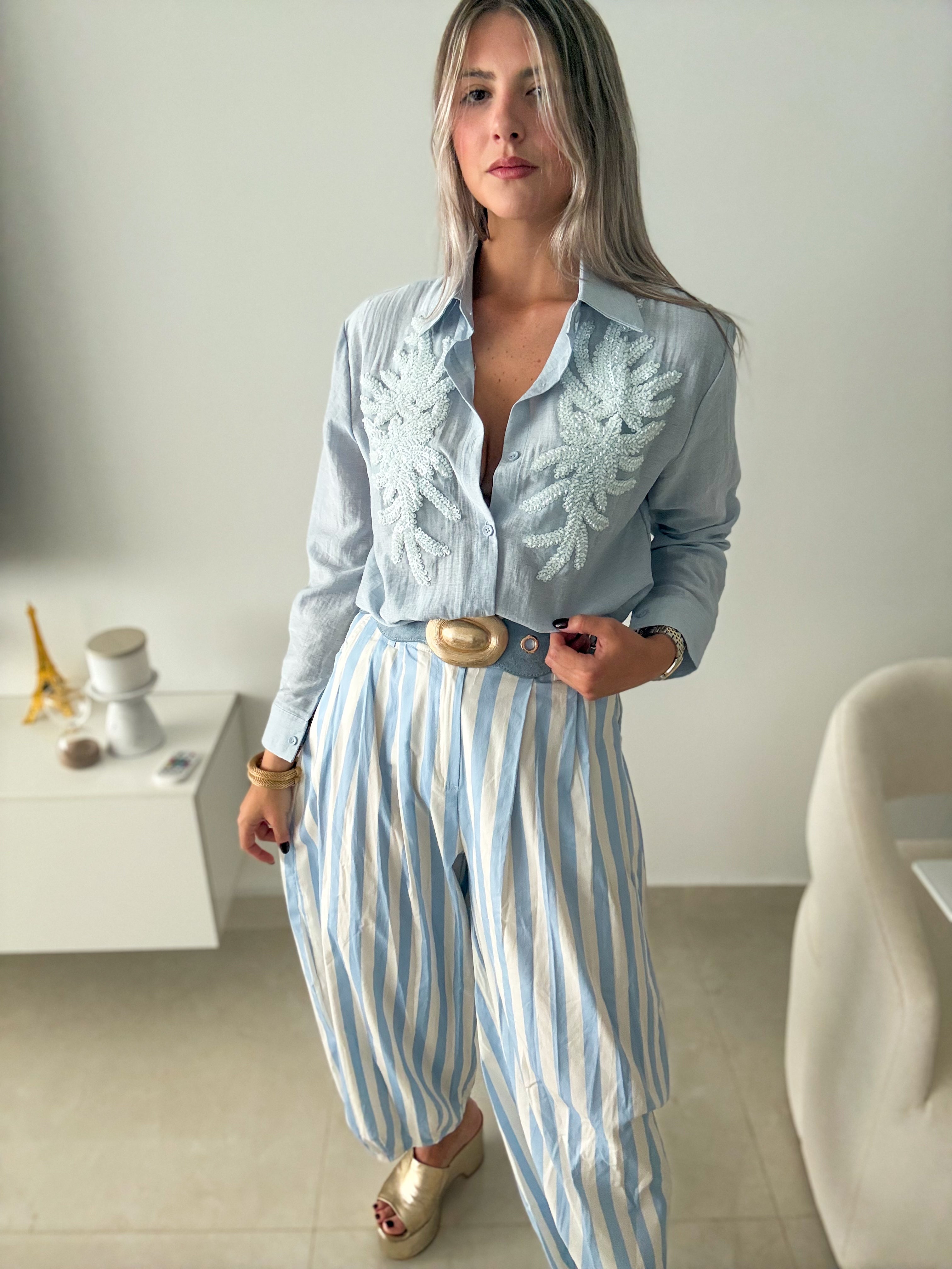 LIGHT BLUE SUNBEADED LONG SLEEVE BLOUSE