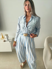 LIGHT BLUE SUNBEADED LONG SLEEVE BLOUSE