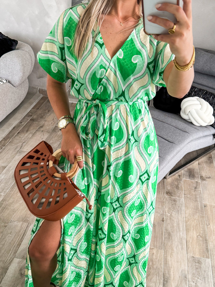 GREEN PRINT KIMONO SLEEVES MAXI DRESS