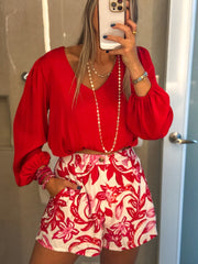 RED SILKY V-NECK BLOUSE